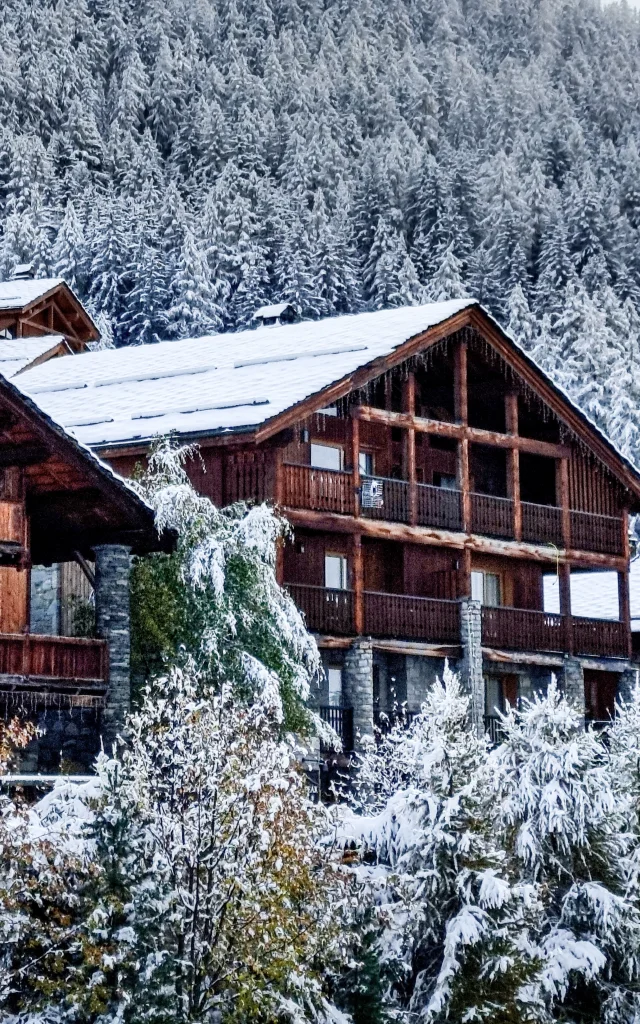 Chalets et sapins enneigés à Sainte-Foy-Tarentaise