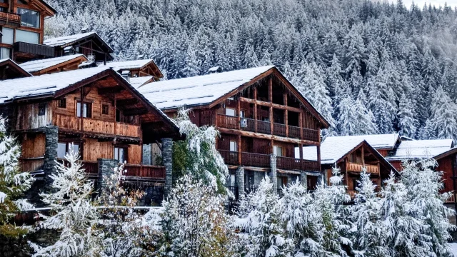 Chalets et sapins enneigés à Sainte-Foy-Tarentaise