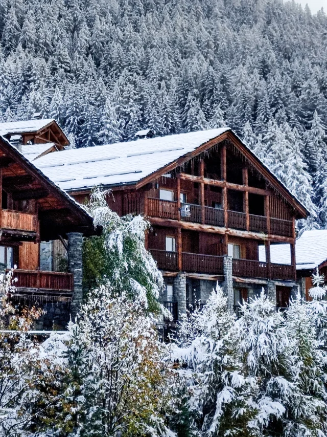 Chalets et sapins enneigés à Sainte-Foy-Tarentaise